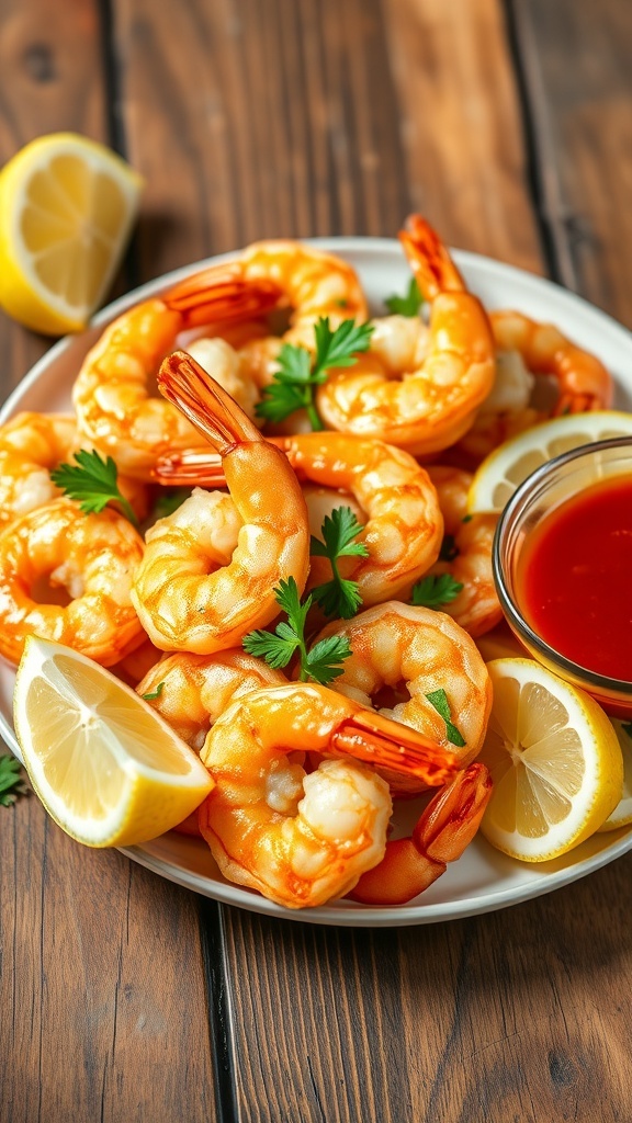 Crispy air fryer shrimp garnished with parsley and served with lemon wedges and cocktail sauce.